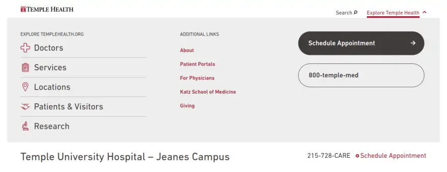 Temple Health Jeanes Campus explore menu