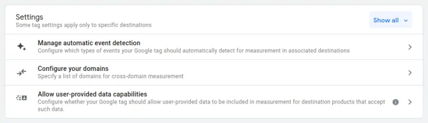 GA4 Tag settings 'show all' button