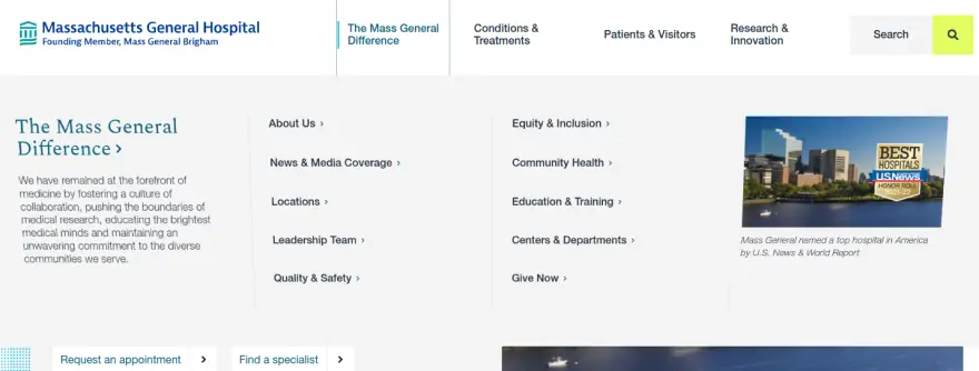 the expanded Mass General Difference menu on the Massachusetts General Hospital website
