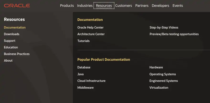 Oracle wide website menu