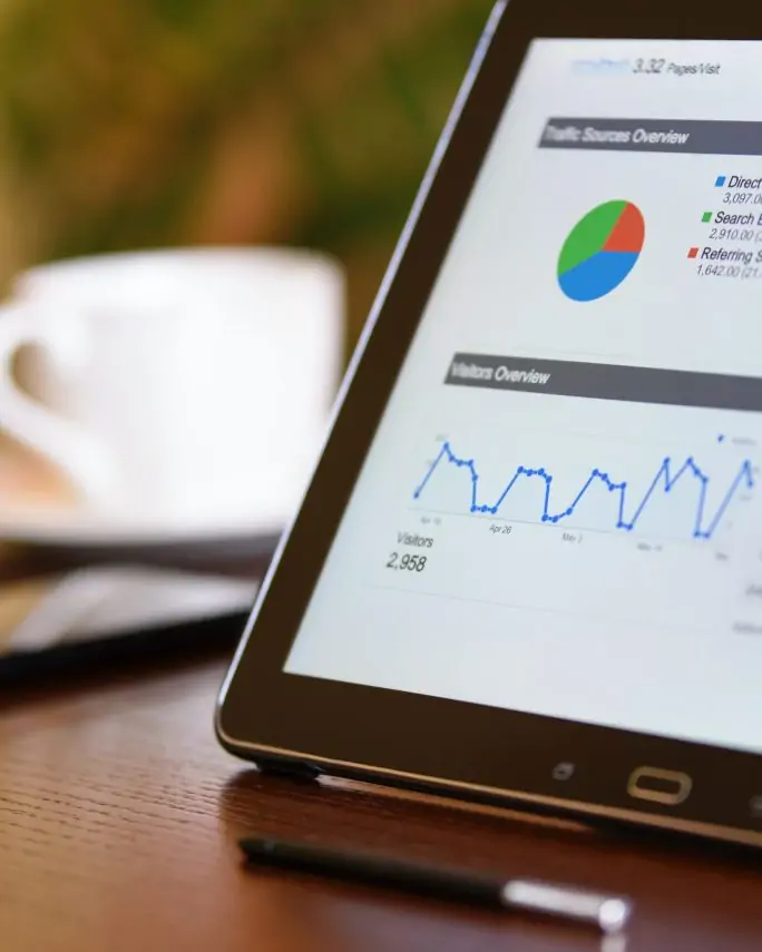 an analytics dashboard on a tablet with a mobile phone and coffee mug in the background