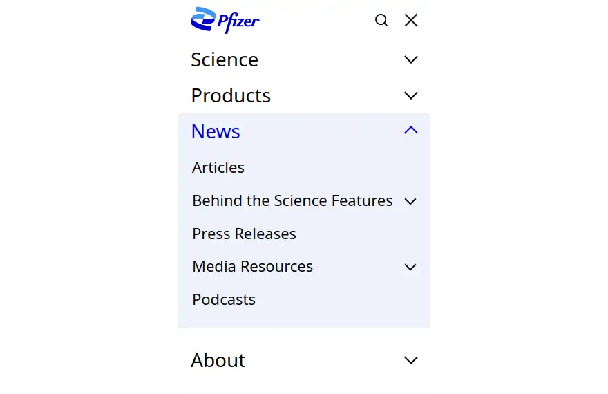 Pfizer's mobile menu with the News section expanded