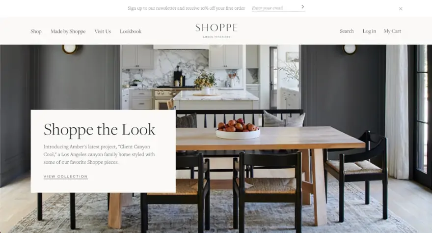the Shoppe website with a callout for Shoppe the Look and a photo of a nice dining room table with a white, marble kitchen behind it