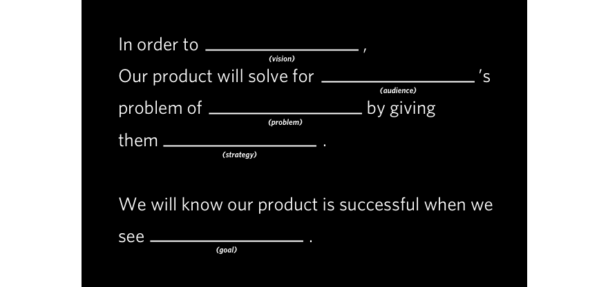 prompt that says in order to blank our product with solve for blank's problem of blank by giving them blank we will know our product is successful when we see blank