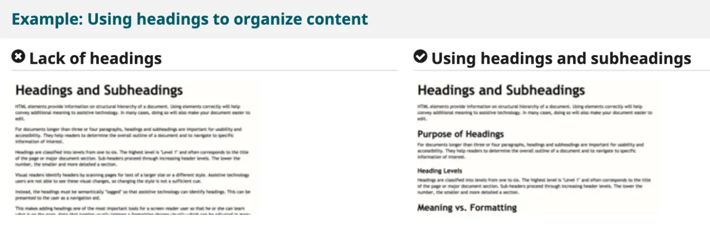 example of using headings to organize content with multiple headings of corresponding sizes breaking up the body text