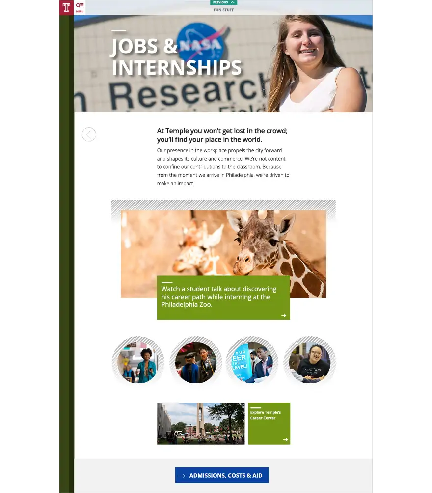 the Jobs & Internships page on the Temple University viewbook website with photos and callouts