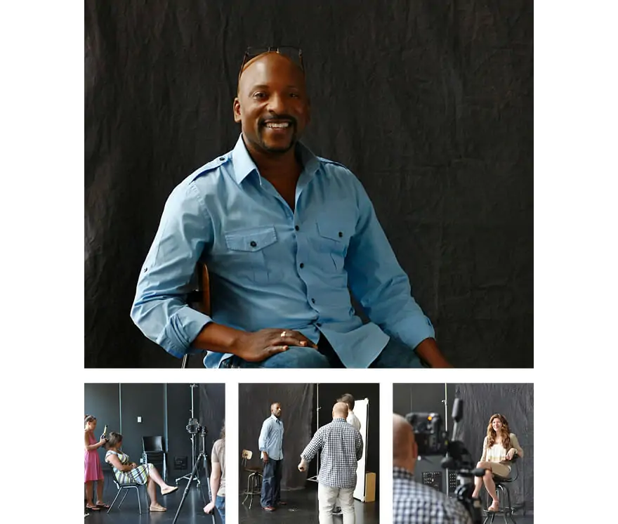 four photos of young men and women posing at a photo shoot with screens and cameras around them