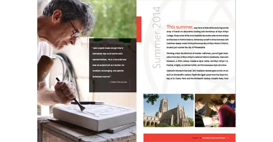 Bryn Athyn College's print brochure with an image of a man carving stone and a church tower