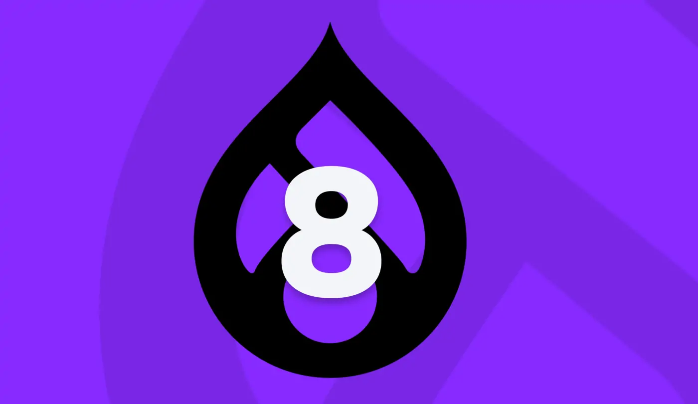 A purple background featuring a centered black Drupal icon logo with a white number eight displayed prominently in the foreground.