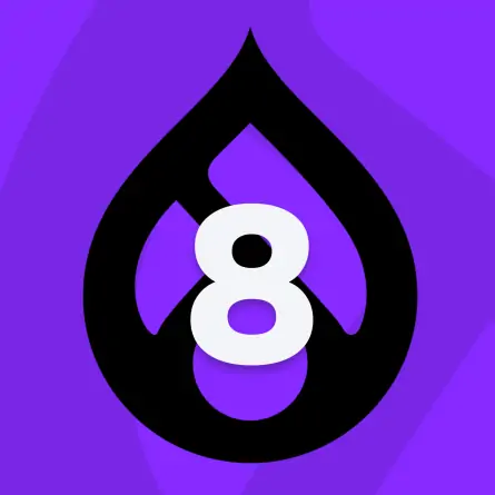 A purple background featuring a centered black Drupal icon logo with a white number eight displayed prominently in the foreground.