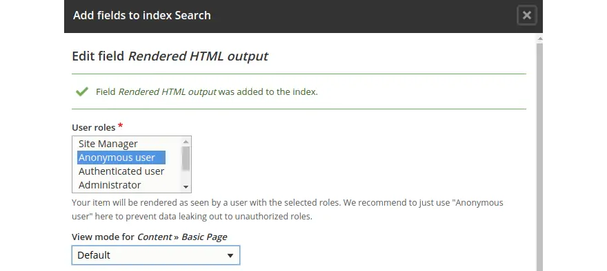Drupal 8 Search API add rendered HTML output screenshot