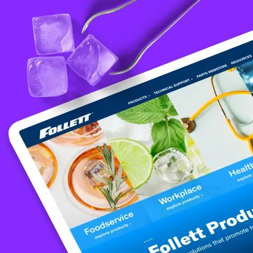 the Follett website on tablet with three ice cubes and tongs above it