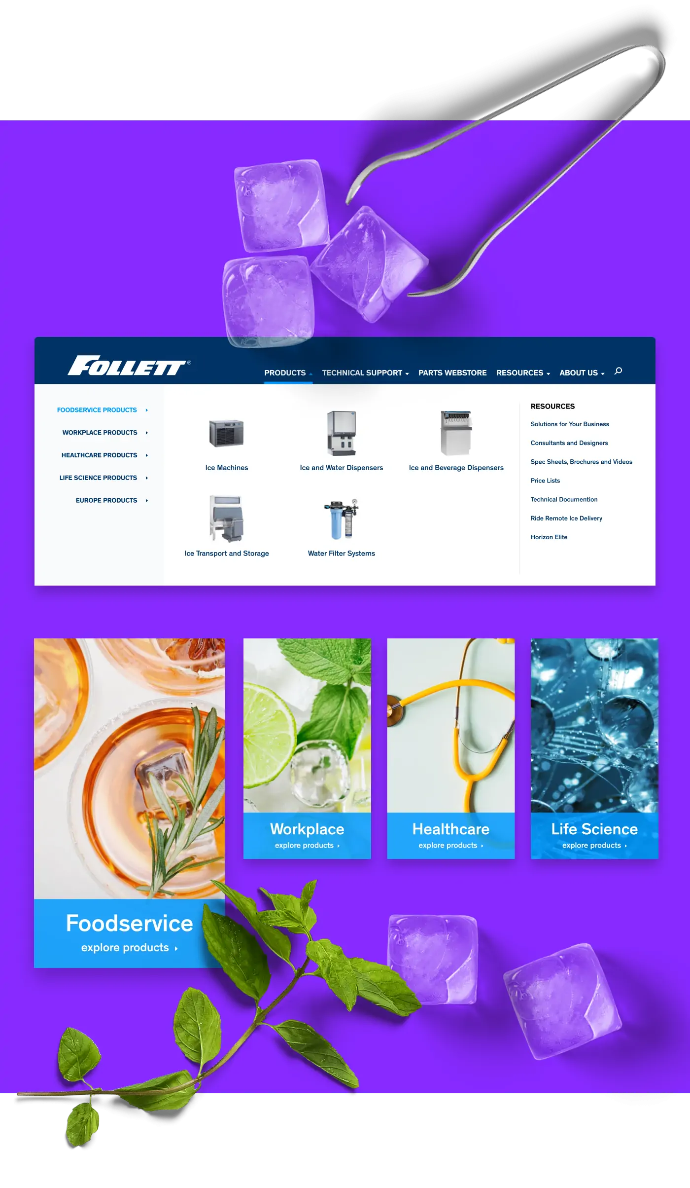 a composite image of ice cubes being picked up by tongs on top of the Follett megamenu navigation and callouts for Foodservice, Workplace, Healthcare, and Life Science with a sprig of basil and ice cubes over them