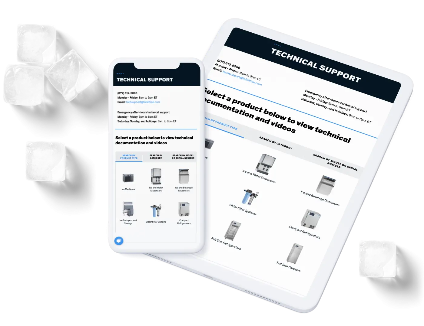 examples of Follett's technical support pages on a phone and tablet screen with ice cubes surrounding the screens