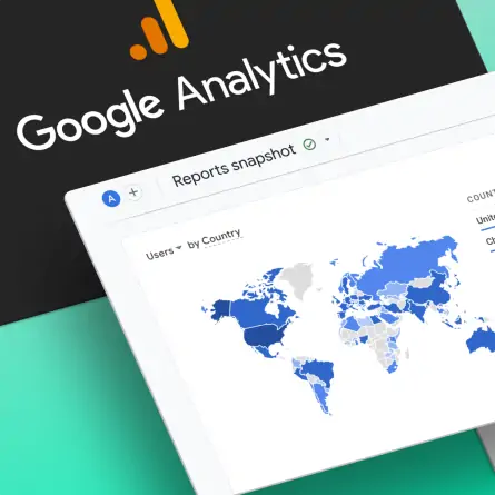 An image displaying overlapping angled screens showcasing Google Analytics reports. One of the screens displays the country usage chart, presenting visual data on website visitors' locations. The Google Analytics logo is also visible, identifying the tool used to generate the reports.