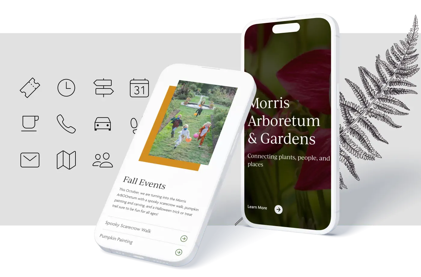 examples of the Morris Arboretum & Gardens website on two different mobile devices with various icons and leaf illustrations behind them