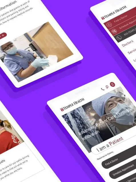 A captivating image featuring a vibrant purple background with angled mobile phones displayed in the foreground. The mobile phones showcase various screens from the Temple Health website, illustrating its diverse content and offerings.