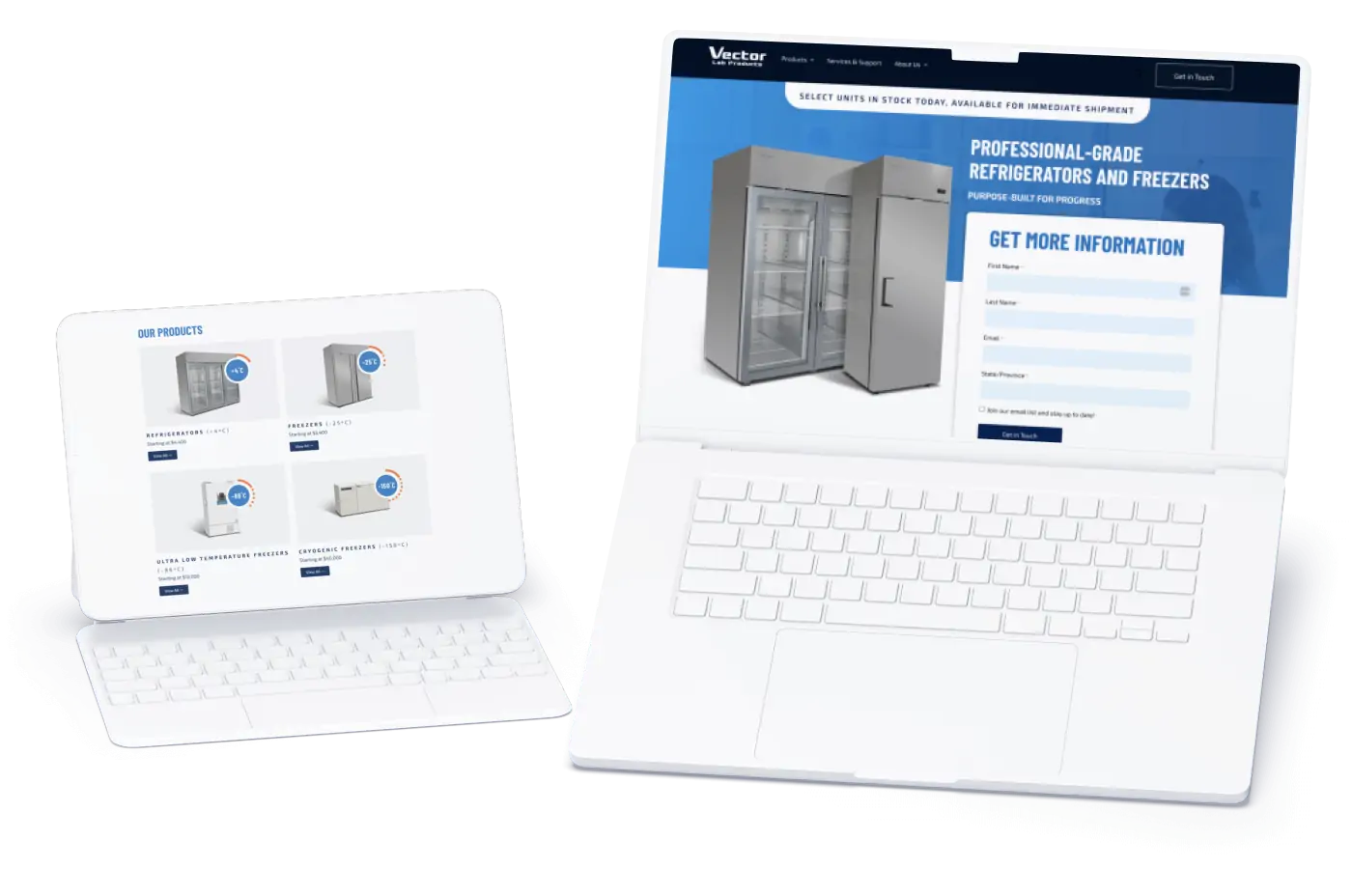 the Vector Labs contact form and product list pages on a tablet and laptop screen
