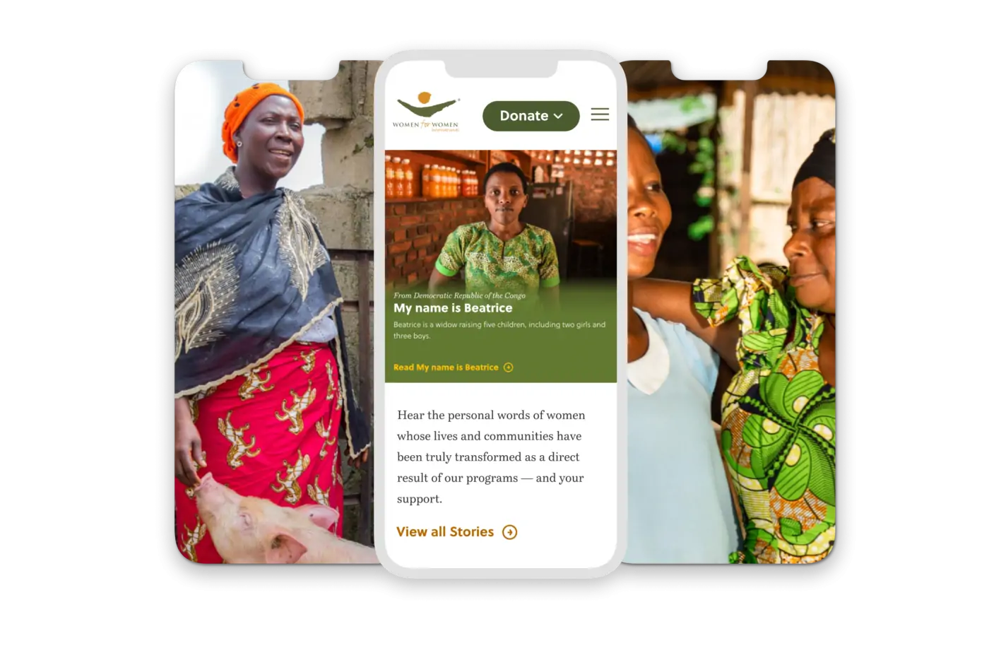 screenshots from the Women for Women International mobile website