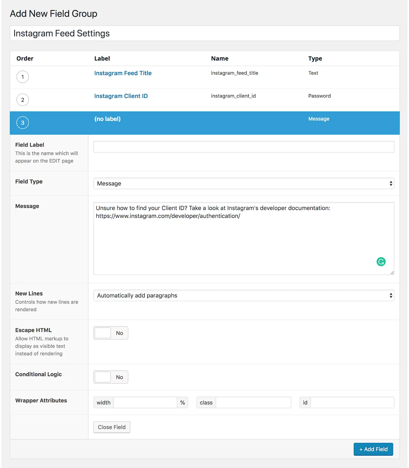 WordPress's Add New Field Group section to add types, labels, wrappers, and more