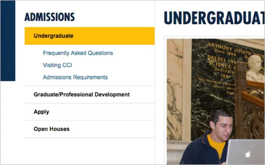 indented submenu navigation for a university's Admissions website