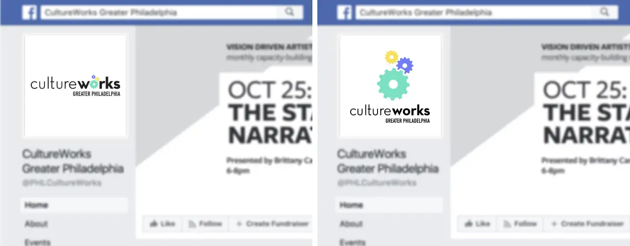 side-by-side example of the CultureWorks gear logo on two different social media pages, one emphasizing the text and one the gear icons