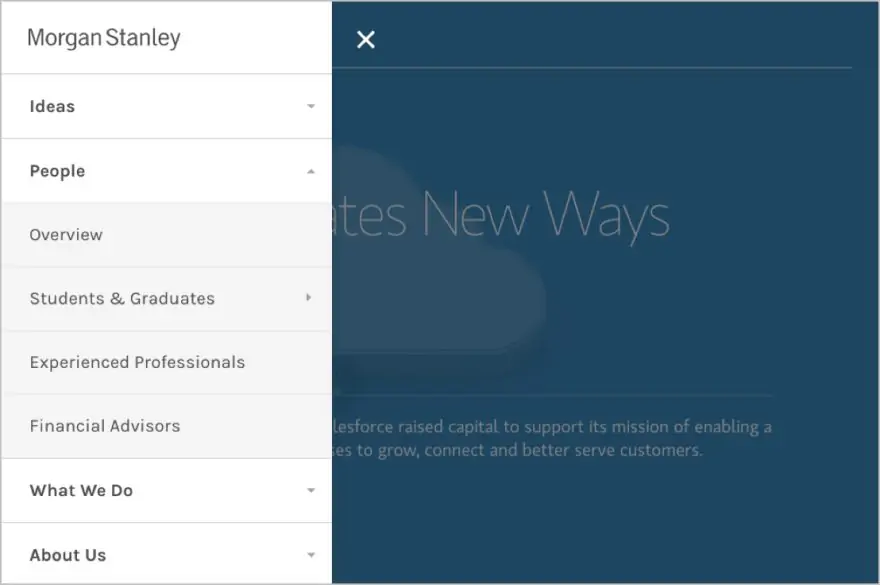 the left-side collapsible menu navigation with accordion for the Morgan Stanley site
