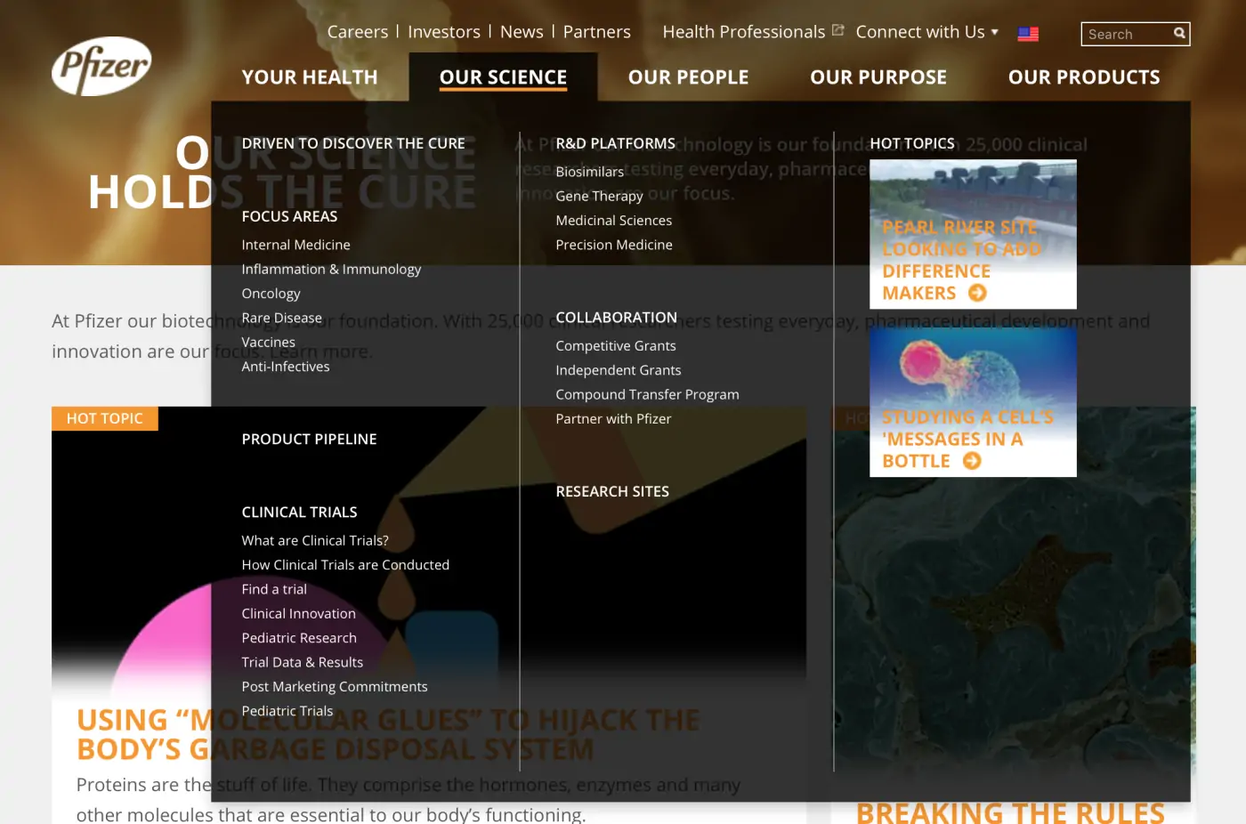 Pfizer's Our Science navigation expanded to show child menu items