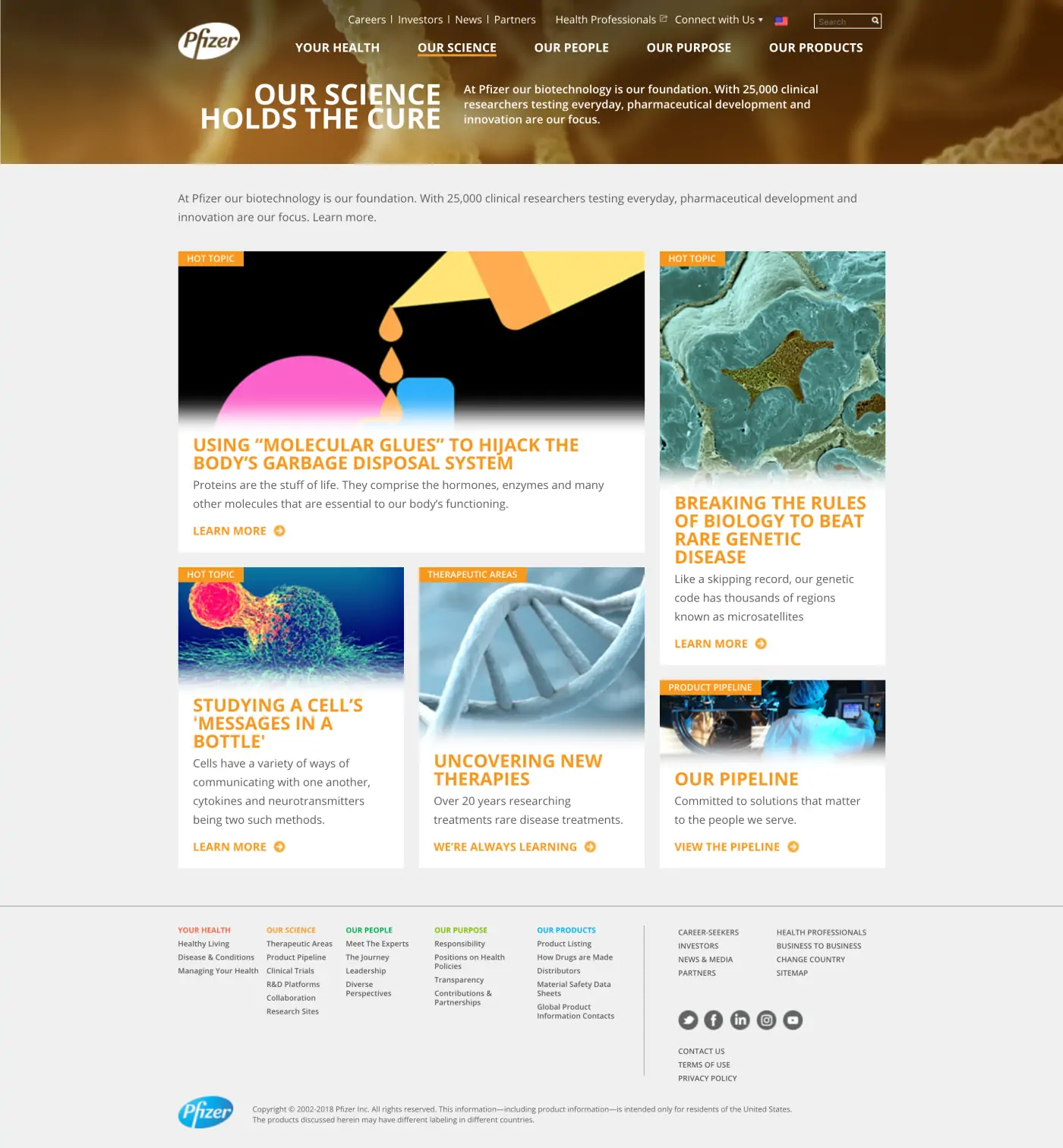 Pfizer website depicting pages under Our Science navigation with recent news