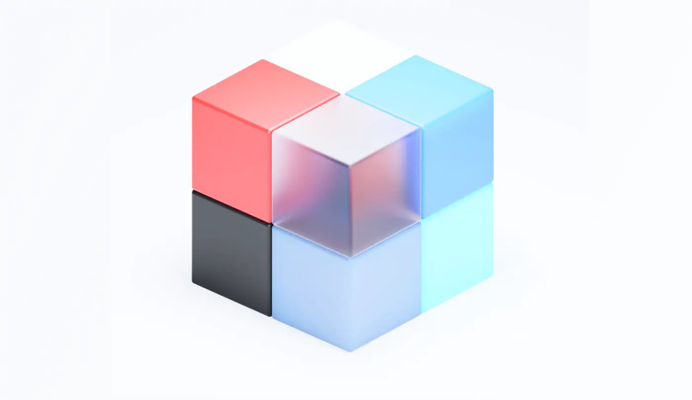 A semi-transparent 3D Rubik's Cube showcasing a mix of vibrant colors including red, pink, blue, dark gray, and various shades of blue-gray.