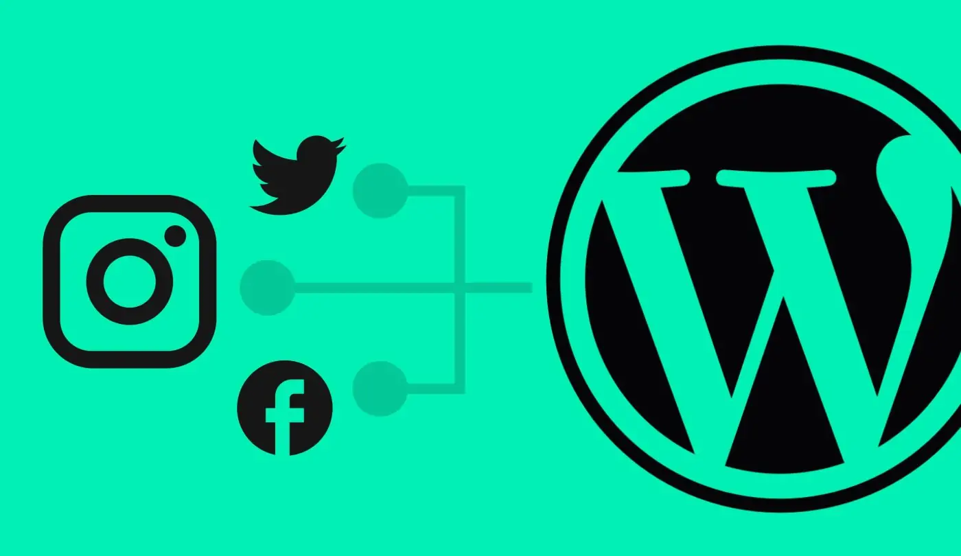 Image featuring the logos of Instagram, Twitter, and Facebook connected to a larger WordPress logo via a network of lines, set against a green background.