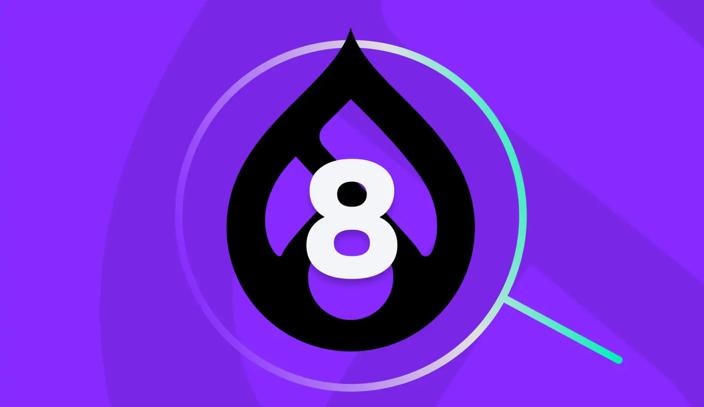 Illustrated image showcasing the Drupal logo adorned with the number 8 and a magnifying glass icon, set against a vibrant purple background.