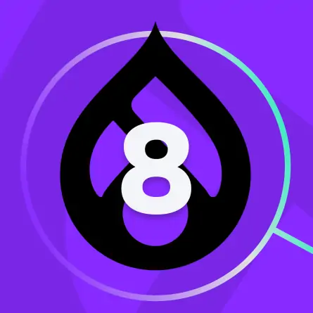 Illustrated image showcasing the Drupal logo adorned with the number 8 and a magnifying glass icon, set against a vibrant purple background.