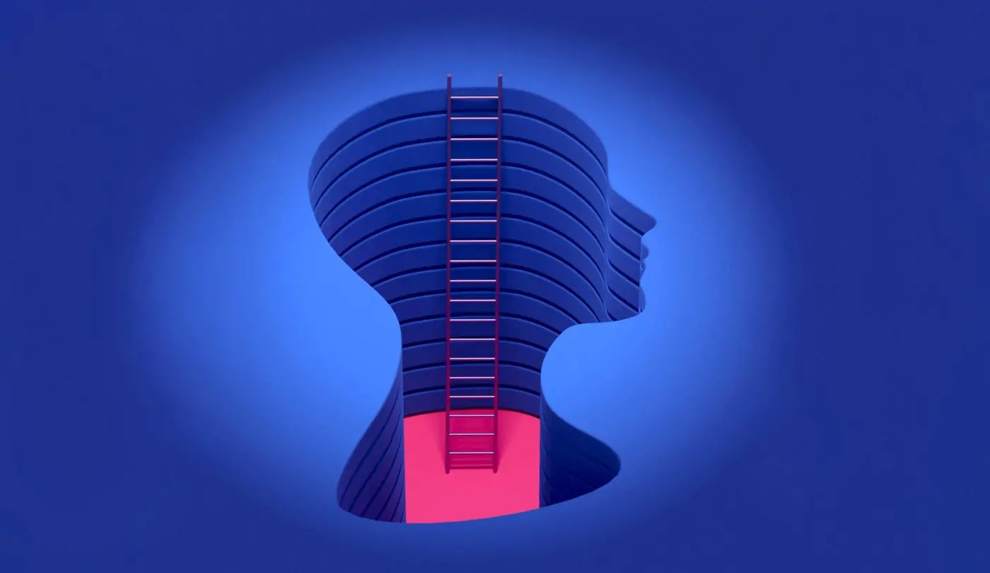 An artistic depiction of a silhouetted human head as a three-dimensional pit, with a descending ladder, set against a vibrant blue and rose backdrop.