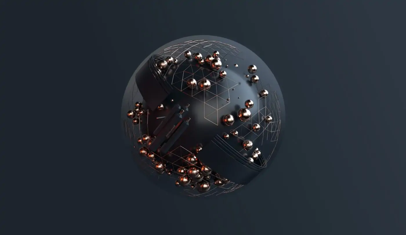 A black sphere with brass pins evokes the idea of a globe