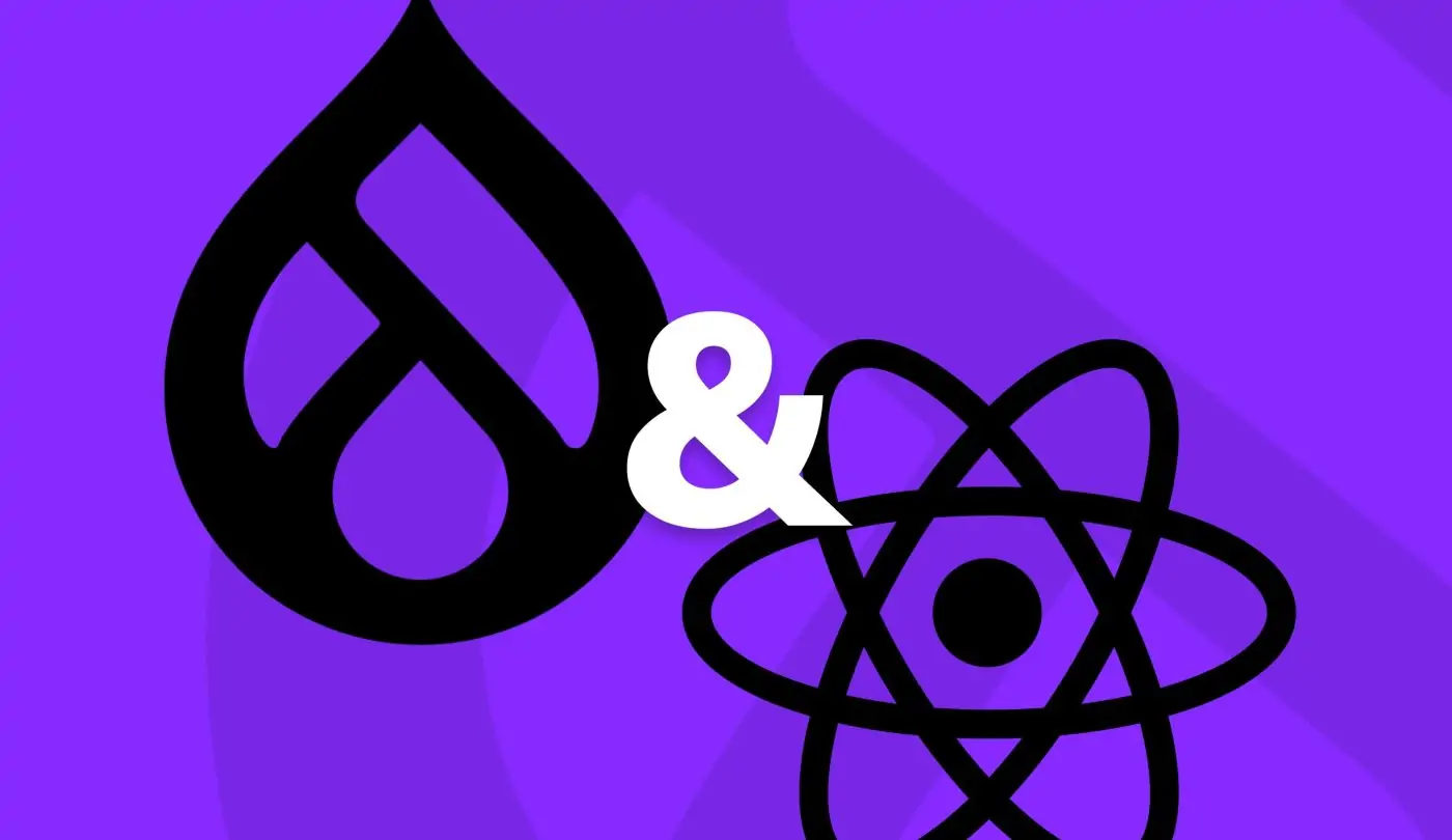 Image displaying the Drupal 8 logomark alongside an ampersand symbol and the ReactJS logomark.