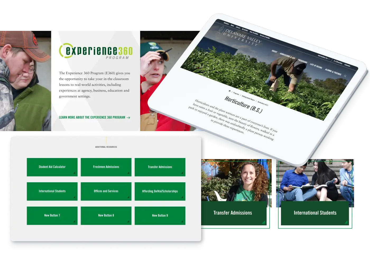 A collage of different sections of Delaware Valley University's website featuring the Experience360 program and a preview of the web page about the horticulture program