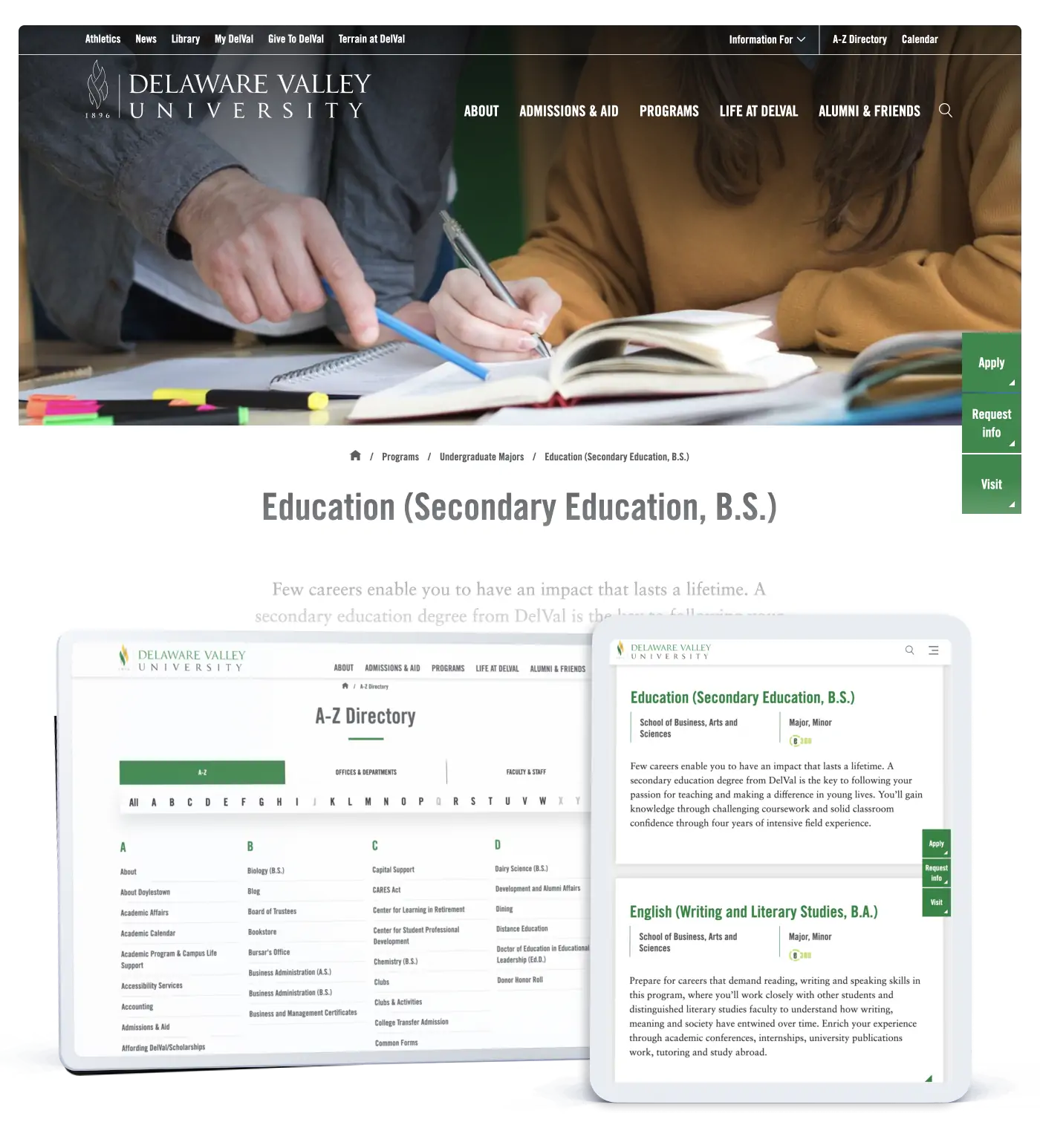 A collage featuring delval.edu's directory providing staff and office information, and previews of at-a-glance program information