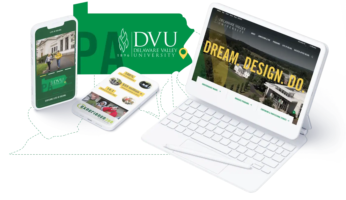 Delaware Valley University's Logo which uses both green & yellow featured in a collage with the new redesign of their website uses the colors of the logo as accents to the design. Both a smartphone and laptop are present showing the differences in design for both browsers. The new homepage prominently displays the university's tagline, 