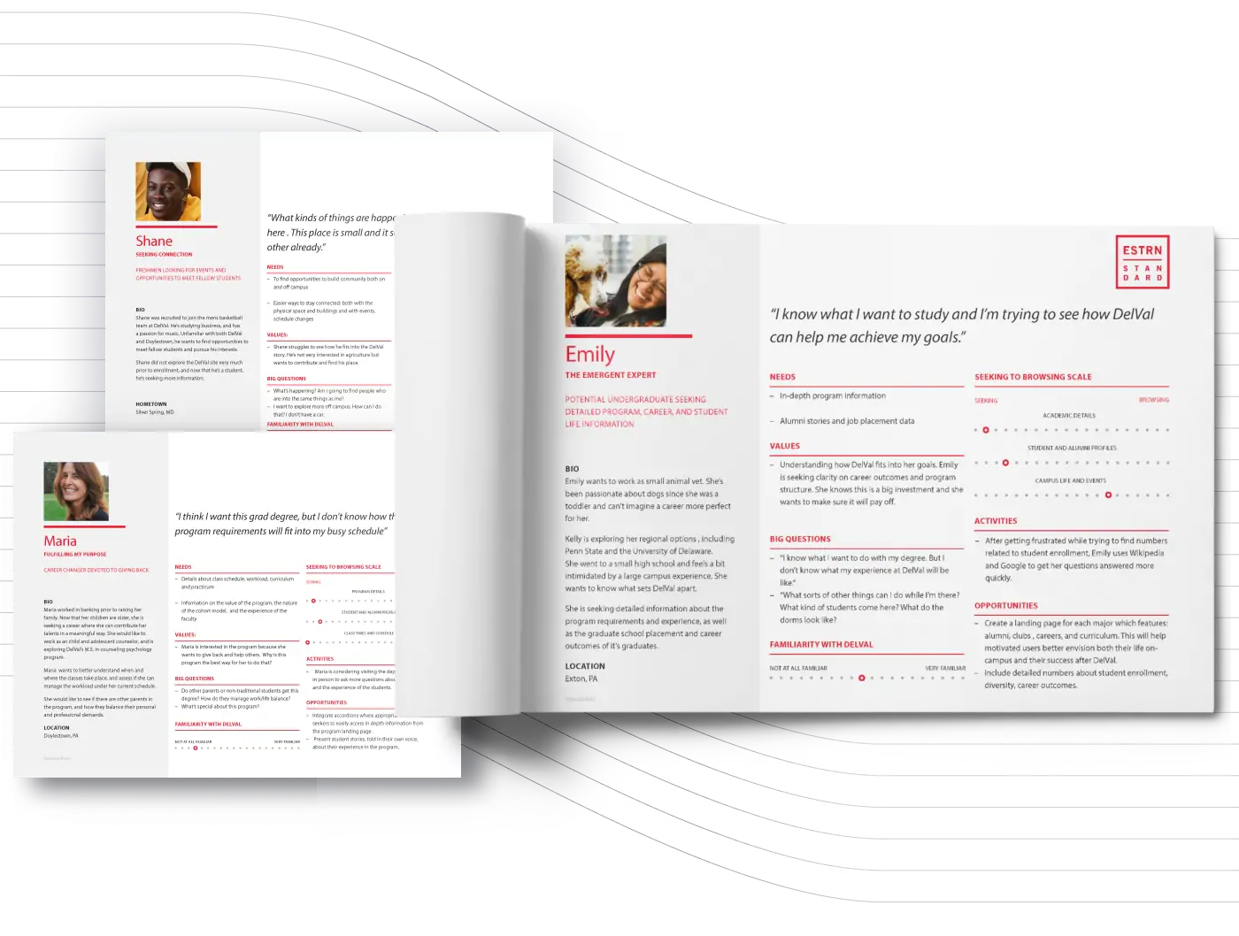 Three user personas showing undergraduate student profiles and associated information like their desired major, needs, values, and familiarity with Delaware Valley University