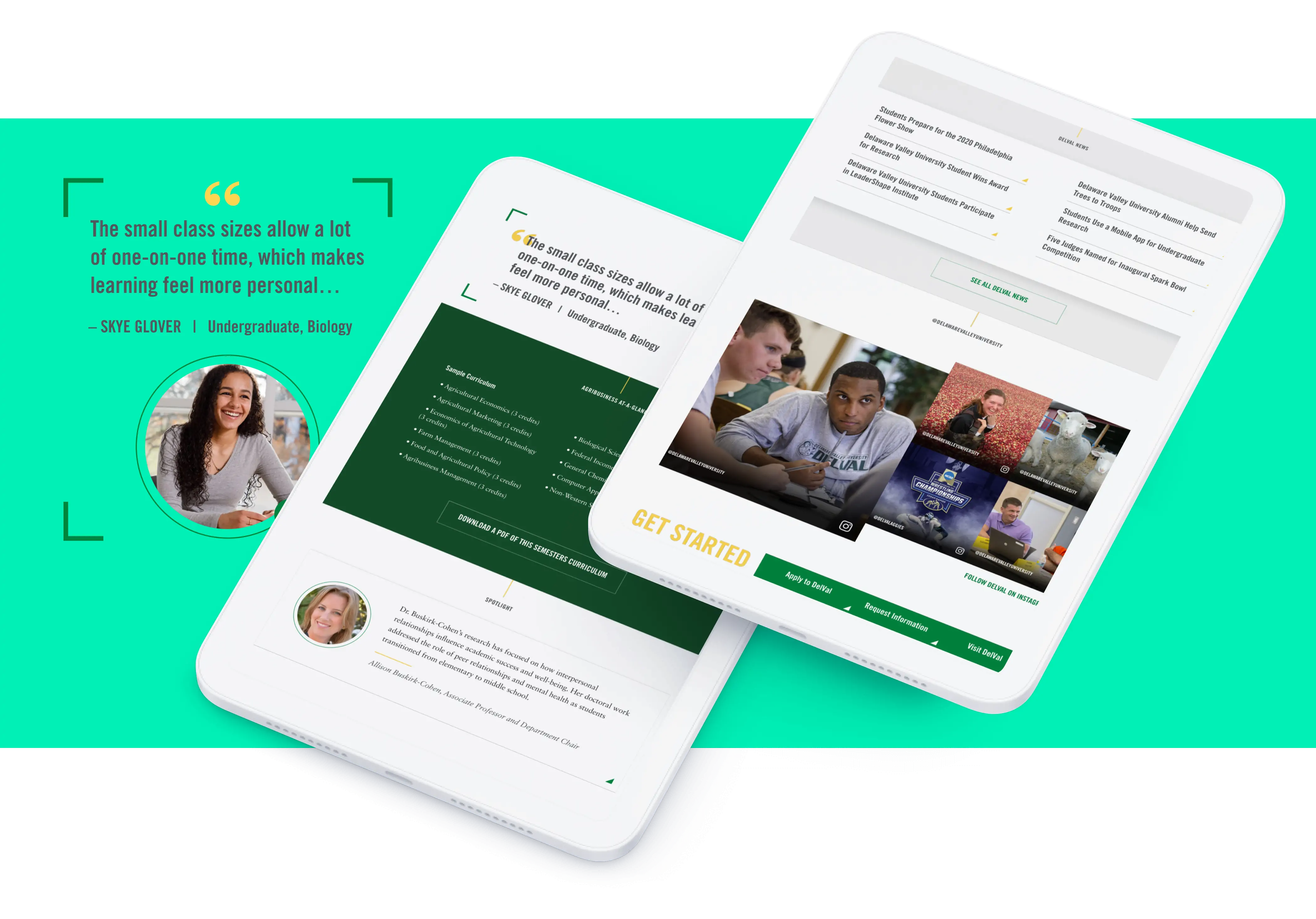 Two tablets show web pages featuring Delaware Valley University's program information, and a student quote describing the benefits of small class sizes