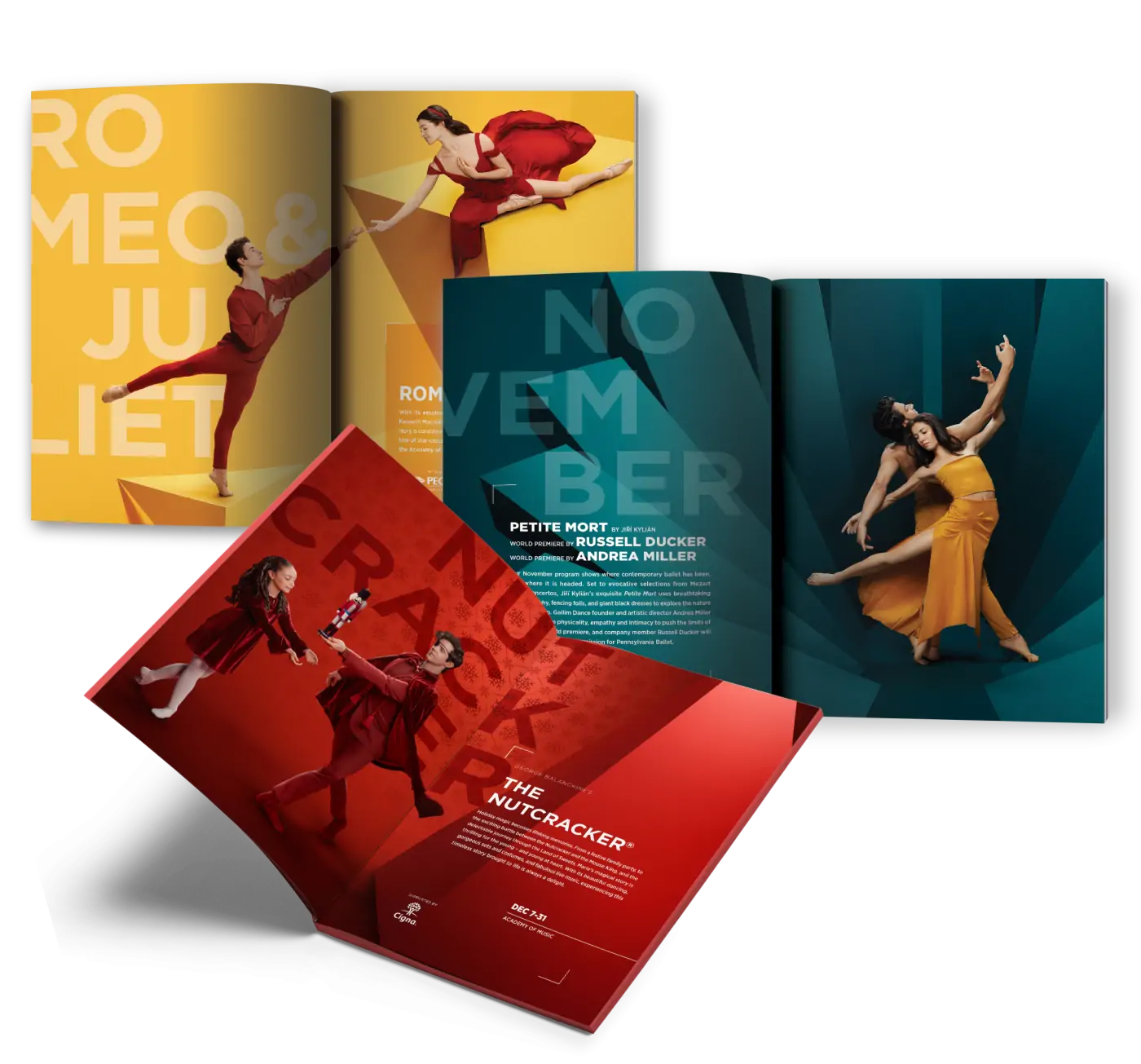 3 brochures for the Philadelphia Ballet featuring elements of the new creative direction that uses bold imagery and colors. Each brochure uses a different, vibrant color for the background to highlight the dancers such as gold, dark red, and turquoise.
