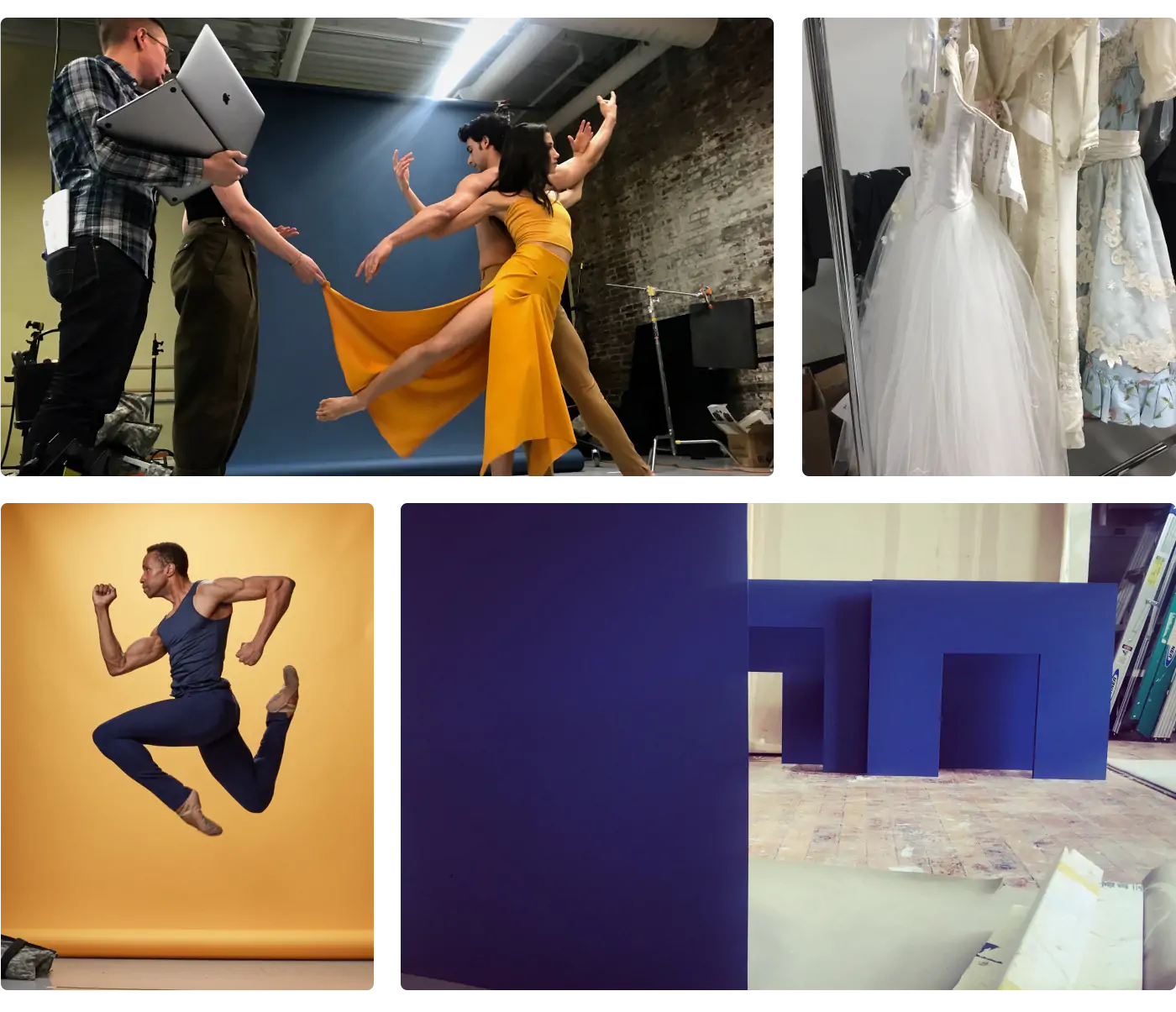 Collage of behinds the scene at the photo shoot. The first image show the creative direction team guiding the ballet dancers who are posing. The second image shows costumes waiting to be used. The third image captures a ballet dancer as he jumps in the air creating a dramatic pose. The last image features the backdrop and scenery pieces in a deep blue color.