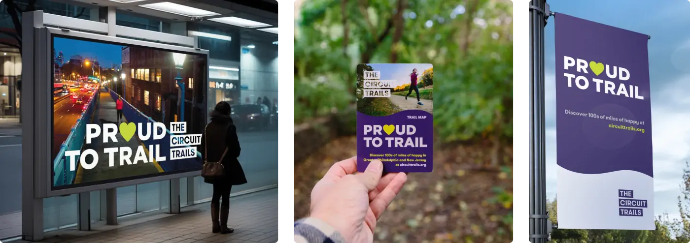 Collage showing Circuit Trails' new branding in 3 environments. The first is an ad at a bus stop. The second is a trail map and the last is a banner hung from a light pole. All of these feature the tagline 
