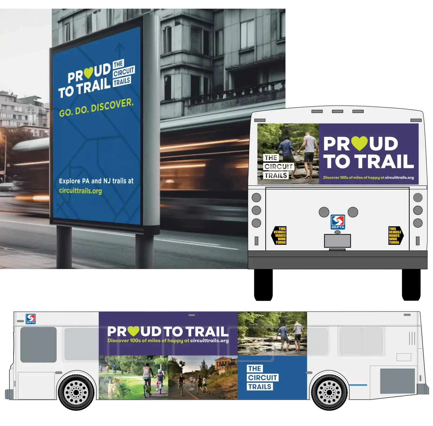 Bus Ads showing Circuit Trails Logo on the side and back of bus as well as bus stop ad.