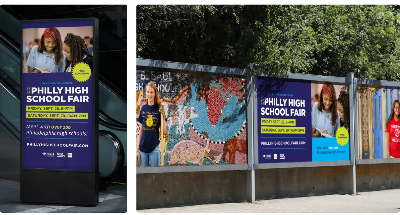 Two promotional ads featured in Philadelphia. One is located at the Philly Convention Center and the other is located along a prominent street.