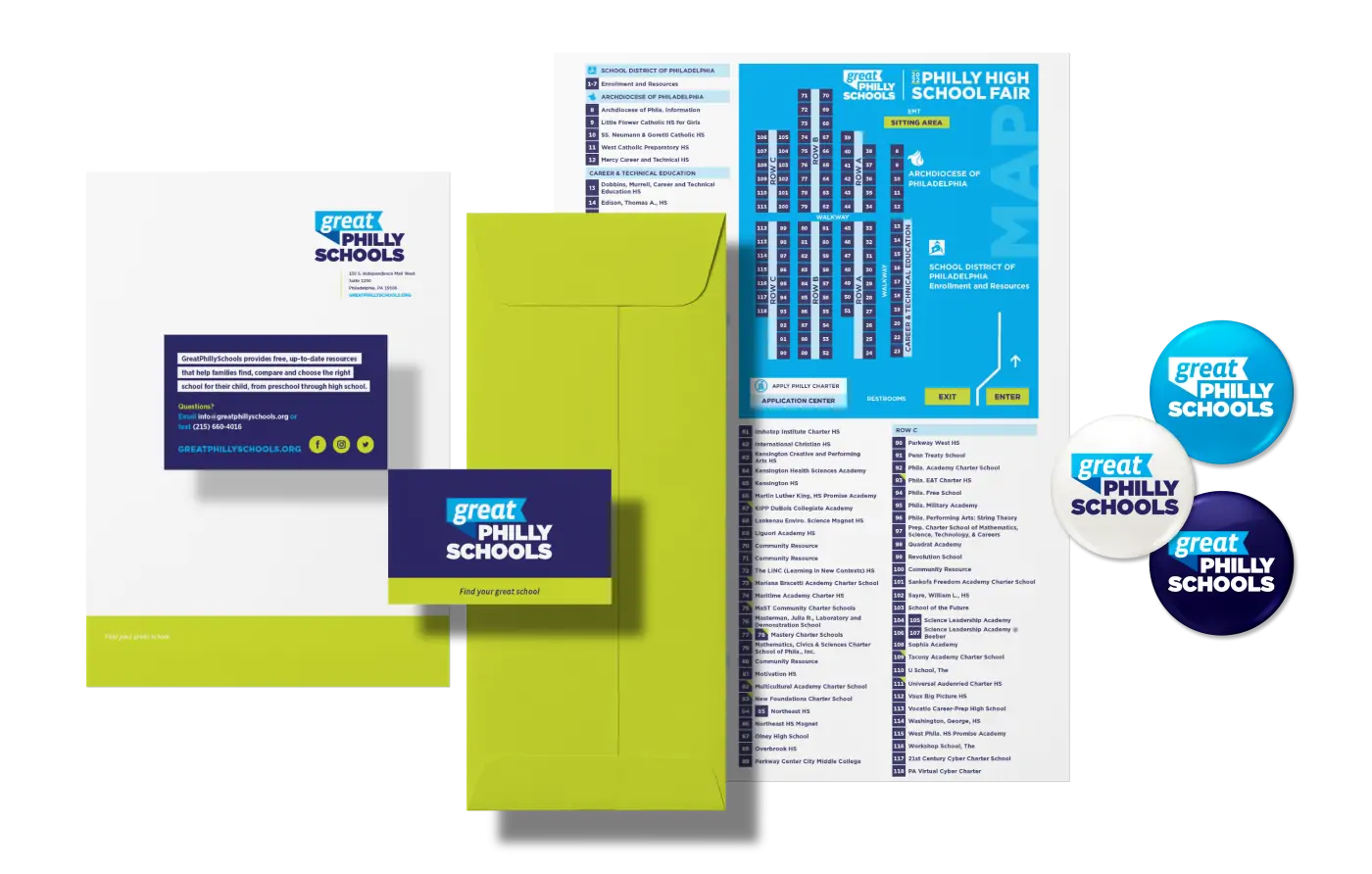 A collection of business collateral featuring business cards, stationery, informational flyers, and buttons with the new branding for GreatPhillySchools