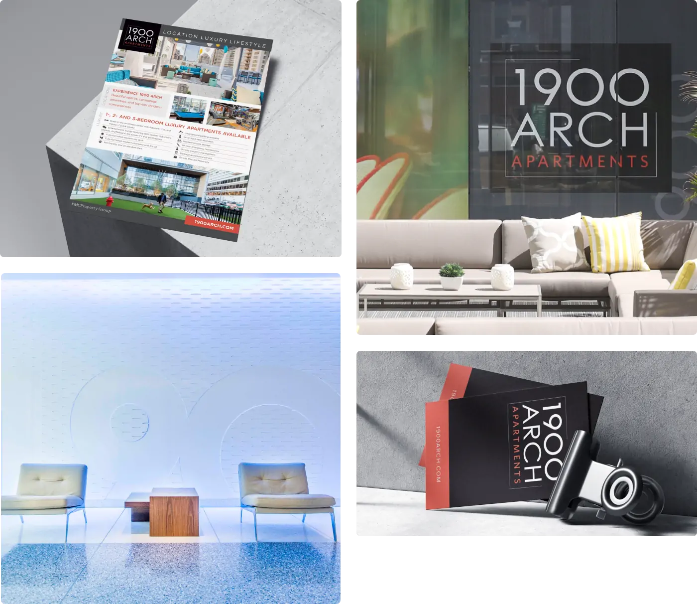 Collage of redesign for 1900 Arch Aparments featured on a flyer, their new logo, set into the wall of their lobby, and redesigned business cards.