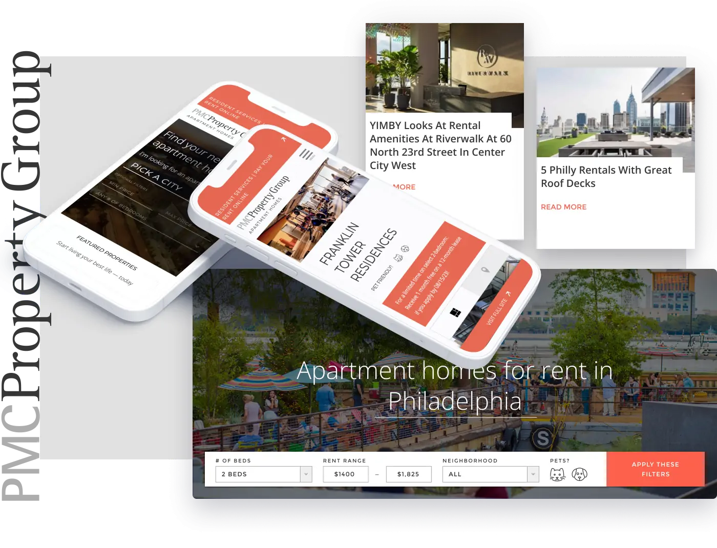 Highlights of PMC Property Group's new website as seen on two smartphones, and screenshots of the homepage and two blog artciles.