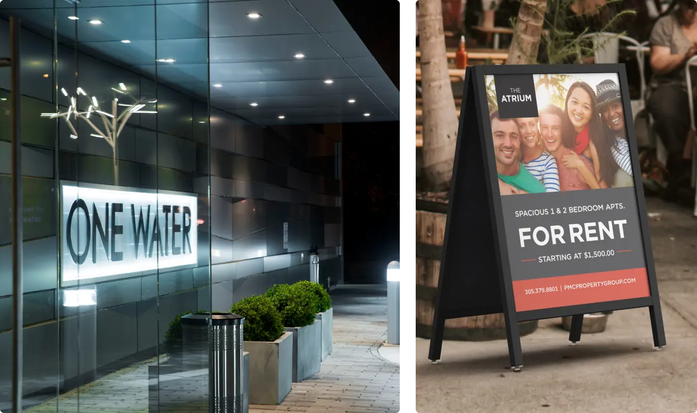 Signage at One Water Street property in the lobby and a sandwich board-style sign for The Atrium property.